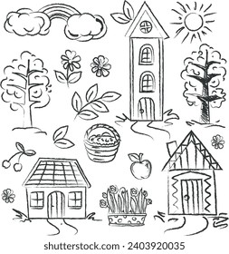 Hand drawn vector elements, summer vector set. Houses and trees.