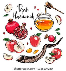 Hand drawn vector elements traditional for Rosh Hashanah. Honey, apple, aplle slices, leaves, pomegranate and shofar horn, with handlettered sign