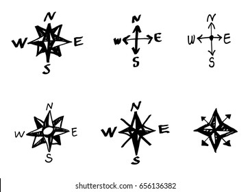 Hand drawn vector elements. Vintage wind rose symbols. Old fashioned nautical patterns.