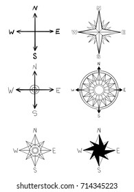Hand drawn vector elements. Vintage wind rose symbols. Old fashioned nautical patterns. Vector illustration