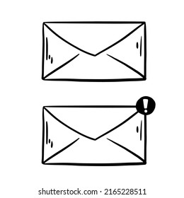 Folleto de notificación de aviso de carta de correo electrónico de vector dibujado a mano en estilo blanco y negro monocromo. Juego de iconos de garrapatas cómicas.