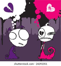 Hand drawn vector of an Emo valentine character on grunge background