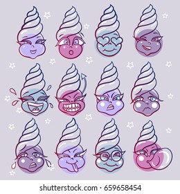 Hand drawn vector emoji set with funny ice cream characters. Suitable as stickers, smiles or as a print.