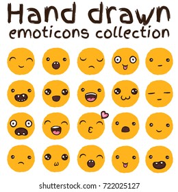 Hand drawn vector emoticons collection. Isolated yellow emoticons on white background.