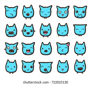 Hand drawn vector emoticons collection. Isolated blue cute emoticons on white background.