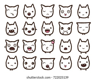 Hand drawn vector emoticons collection. Outline cute emoticons on white background.