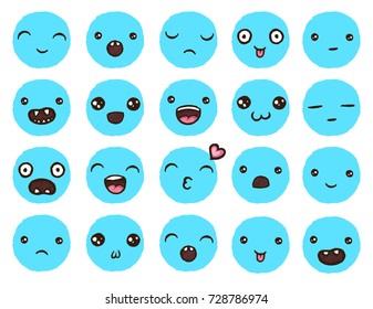 Hand drawn vector emoticons collection. Isolated yellow emoticons on white background.