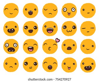 Hand drawn vector emoticons collection. Isolated blue emoticons on white background.