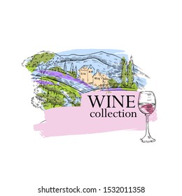 Hand drawn vector engraving illustration with vineyard panorama and glass of wine on the foreground. Colorful logo or emblem for wine bottle, menus, booklets, wine lists, various prints.