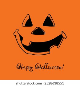 Hand drawn vector evil carved laugh on orange background with playful font for Happy Halloween. Awesome design for print and online projects. Easy to edit, ready to use. 