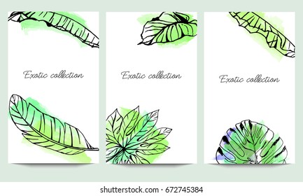 Hand drawn vector exotic collection set template with tropical leaves isolated on watercolor background.