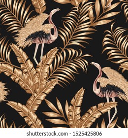 Hand drawn vector extraordinary birds golden flamingo and gold palm fern leaves on the black background. Seamless artistic exotic illustration. Tropical repeat pattern. Repeating creative exotic decor
