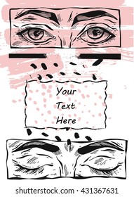 Hand drawn vector eye illustration card in rose quartz, black and white colors with place for your text. Wedding,anniversary, birthday, Valentine's day,party. Design for banner, poster, card, invitation