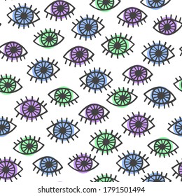 Hand drawn vector eye seamless pattern. Doodle blue, purple, green eyes isolated on white. Free hand drawing style. Psychedelic print for wrapping paper, textile, fabric, design.