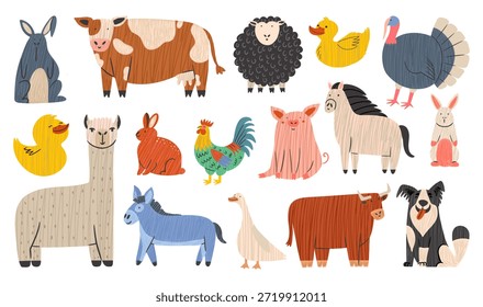 Conjunto de animales de granja de Vector dibujado a mano. Ganado lindo - vaca y oveja, patos, pavo, cerdo y caballo. Personajes domésticos.  Elementos gráficos de dibujos animados para niños y niños