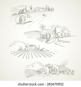 Hand drawn vector of farms landscape