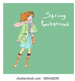 Hand drawn vector Fashion girl. Spring background.