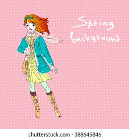 Hand drawn vector Fashion girl on pink. Spring background.