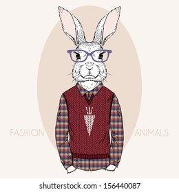 Hand Drawn Vector Fashion Illustration of Bunny Hipster