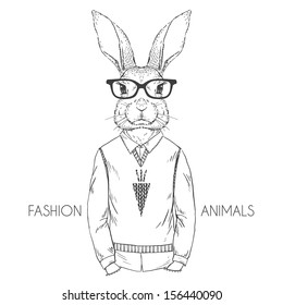 Hand Drawn Vector Fashion Illustration of Bunny Hipster Isolated on White