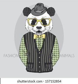 Hand Drawn Vector Fashion Illustration of Panda, Retro Style