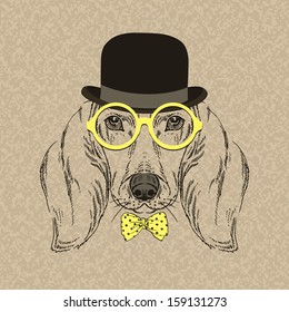 Hand Drawn Vector Fashion Portrait of Dachshund