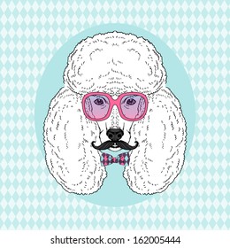 Hand Drawn Vector Fashion Portrait of Poodle in Pink Glasses, Mustache and Tie Bow