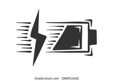 Hand drawn vector of fast charge sign with battery, isolated on white background.