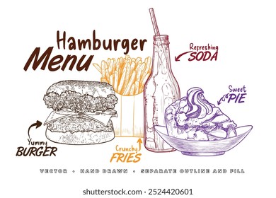 Hand drawn vector fast food banner. Outline and fill are grouped separate. Hamburger menu with side view burger, fries, soda and pie on white background.