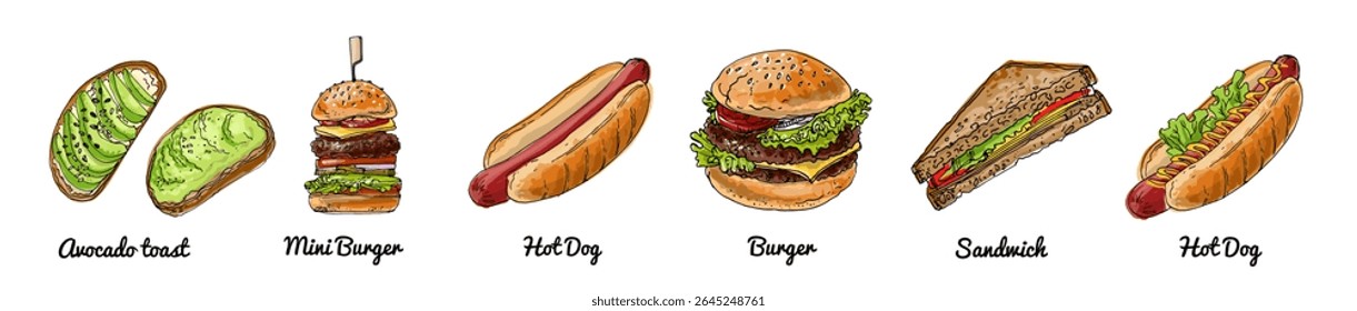 Hand Drawn Vector Fast Food Set – Burger, Hot Dog, Sandwich, Avocado Toast