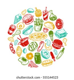 Hand drawn vector fast food elements in round composition. Junk, unhealthy food. Burger, dessert, pizza, hot dog.