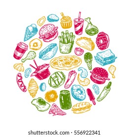 Hand drawn vector fast food elements in round composition. Junk, unhealthy food. Burger, dessert, pizza, hot dog.