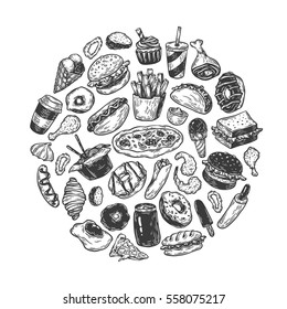 Hand drawn vector fast food elements in round composition. Junk, unhealthy food. Burger, dessert, pizza, hot dog.