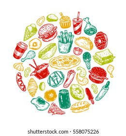 Hand drawn vector fast food elements in round composition. Junk, unhealthy food. Burger, dessert, pizza, hot dog.