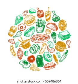 Hand drawn vector fast food elements in round composition. Junk, unhealthy food. Burger, dessert, pizza, hot dog.