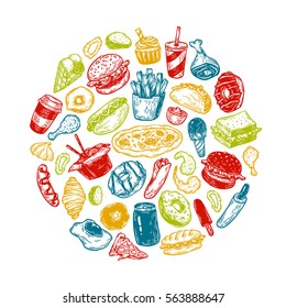 Hand drawn vector fast food elements in round composition. Junk, unhealthy food. Burger, dessert, pizza, hot dog.