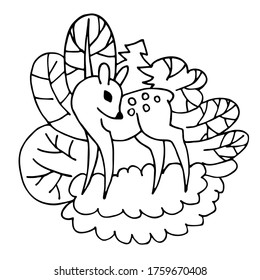 Vector de tracción manual de plantas de la flor y de los bosques. Ilustración bursátil de un venado joven aislado en un fondo blanco.