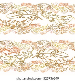 Hand drawn vector feather seamless pattern. Sketched background. Fabric, fashion, wallpaper, wrapping texture