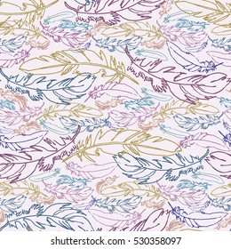 Hand drawn vector feather seamless pattern. Sketched background. Fabric, fashion, wallpaper, wrapping texture