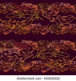 Hand drawn vector feather seamless pattern. Sketched background. Fabric, fashion, wallpaper, wrapping texture