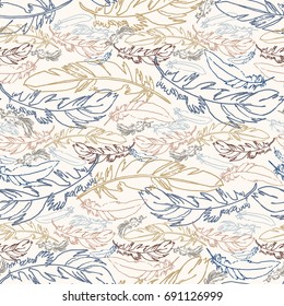 Hand drawn vector feather seamless pattern. Sketched background. Fabric, fashion, wallpaper, wrapping texture