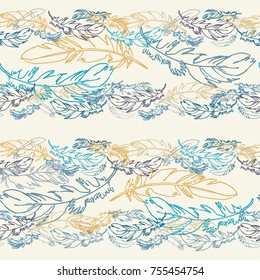 Hand drawn vector feather seamless pattern. Sketched background. Fabric, fashion, wallpaper, wrapping texture