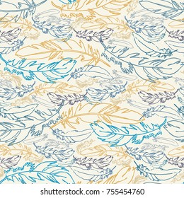 Hand drawn vector feather seamless pattern. Sketched background. Fabric, fashion, wallpaper, wrapping texture