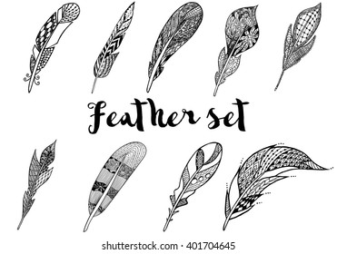Hand drawn vector feather set on a white background. Vintage tribal feather in zentangl style. Hand drawn for adult anti stress coloring page with high details . Vector monochrome sketch. 
