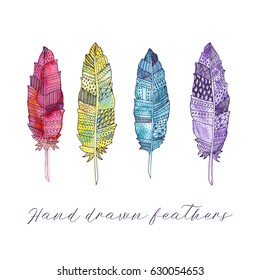 Hand drawn vector feathers for your design. Boho style. Hippie and tribal sketched elements.