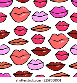 Labios hembras vectoriales dibujados a mano de diferentes formas, patrón vectorial transparente. Resalte los labios con estilo de doodle.