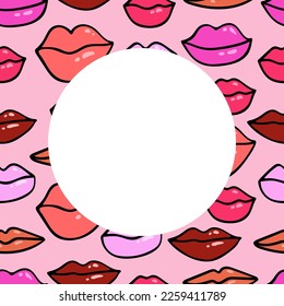 Hand drawn vector female lips of different shapes seamless vector frame. Lips in doodle style.