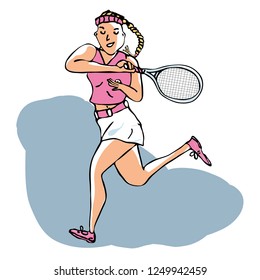 Hand drawn vector of female tennis player playing a volley stroke. Editable layers.