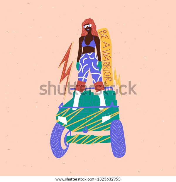 Hand drawn vector female warrior with\
positive slogan - Be a warrior. The woman is standing in the race\
car. Women empowerment. Great for sticker, printable, poster,\
greeting card... Flat\
illustration