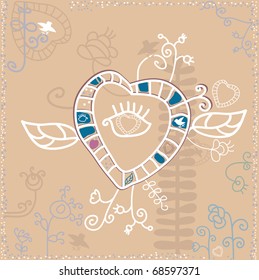 Hand drawn Vector file of love hearts and birds.